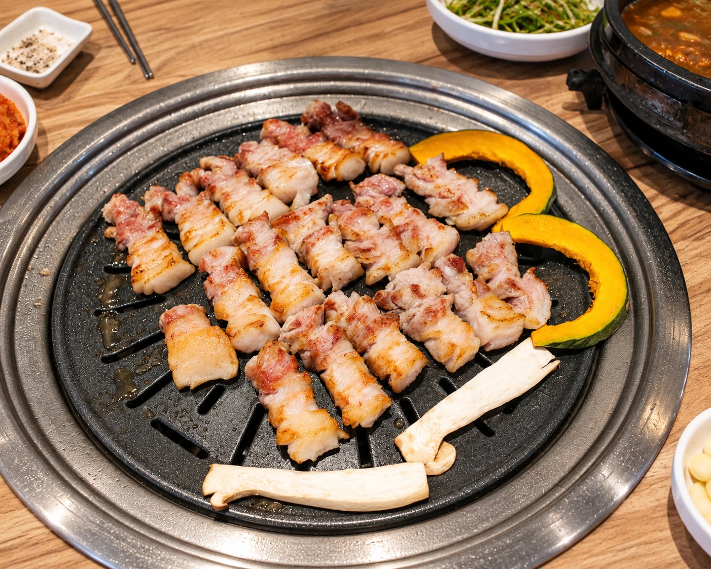 둥근 불판에서 굽는 삼겹살과 단호박, 새송이