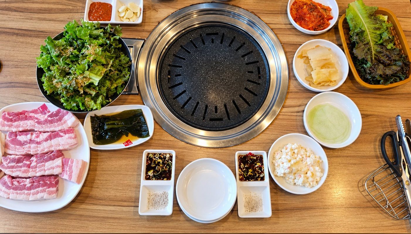 둥근 불판 상차림 — 생 삼겹살, 쌈 채소, 장, 김치와 반찬