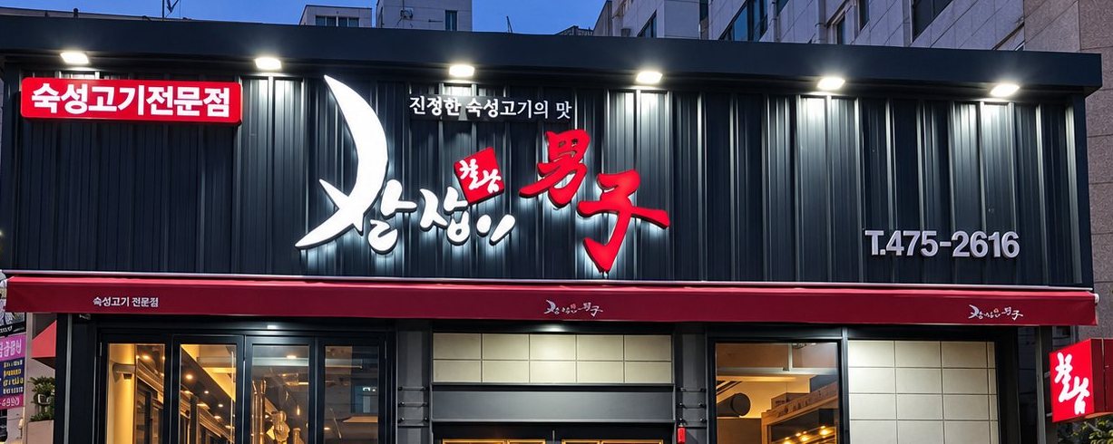 칼잡이남자 외관 간판 — 검정 외벽, '칼잡이 男子' 로고, 빨간 '숙성고기전문점' 간판과 차양